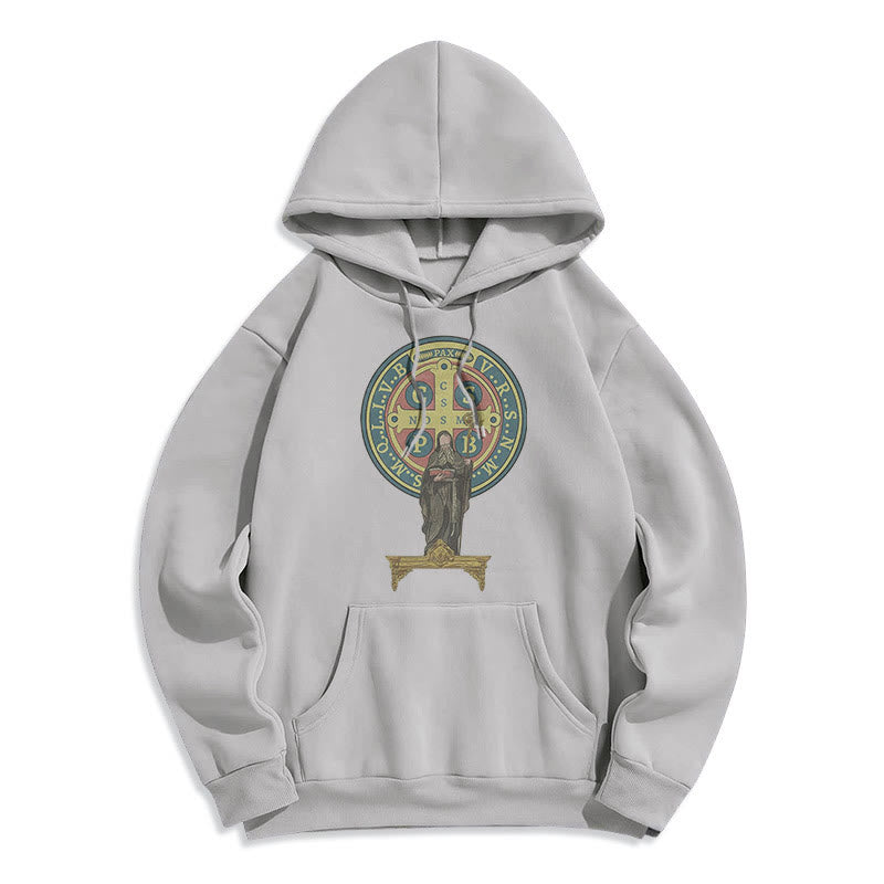 Christianartworkshop Kapuzenpullover aus Polyester im klassischen, farbigen Stil mit St. Benedikt-Medaillenstatue, mit Fleecefutter - Grau - 2XL - image 16