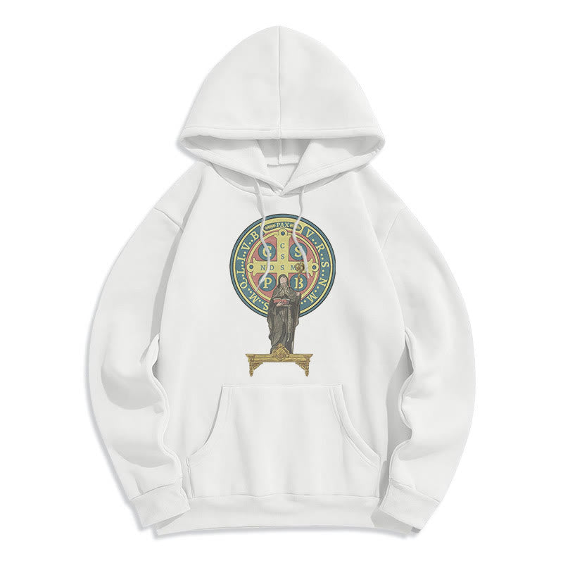 Christianartworkshop Kapuzenpullover aus Polyester im klassischen, farbigen Stil mit St. Benedikt-Medaillenstatue, mit Fleecefutter - Weiß - 2XL - image 6