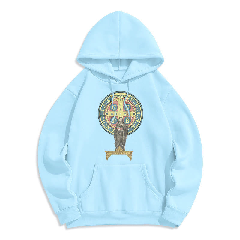 Christianartworkshop Kapuzenpullover aus Polyester im klassischen, farbigen Stil mit St. Benedikt-Medaillenstatue, mit Fleecefutter