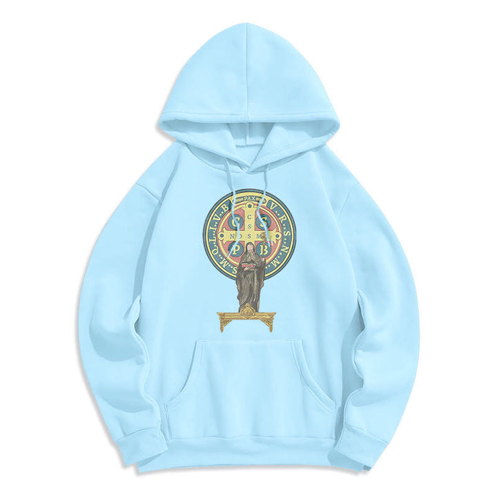 Christianartworkshop Kapuzenpullover aus Polyester im klassischen, farbigen Stil mit St. Benedikt-Medaillenstatue, mit Fleecefutter