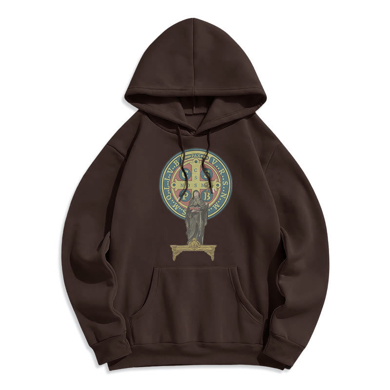 Christianartworkshop Kapuzenpullover aus Polyester im klassischen, farbigen Stil mit St. Benedikt-Medaillenstatue, mit Fleecefutter