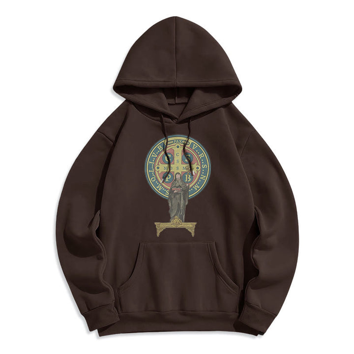 Christianartworkshop Kapuzenpullover aus Polyester im klassischen, farbigen Stil mit St. Benedikt-Medaillenstatue, mit Fleecefutter