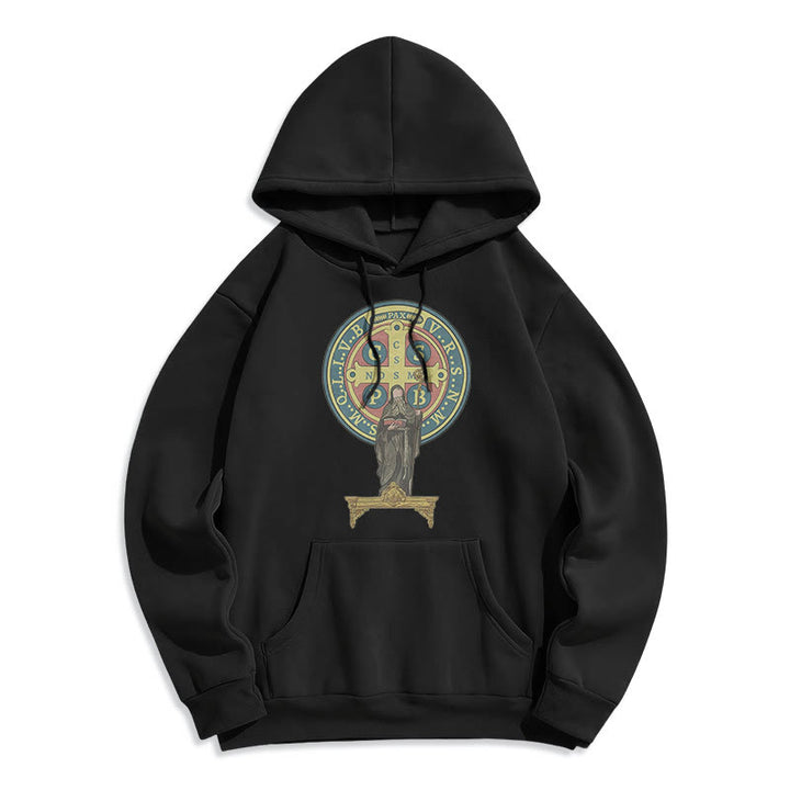 Christianartworkshop Kapuzenpullover aus Polyester im klassischen, farbigen Stil mit St. Benedikt-Medaillenstatue, mit Fleecefutter