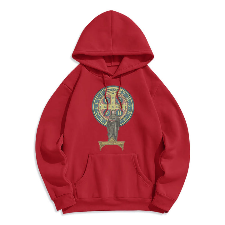 Christianartworkshop Kapuzenpullover aus Polyester im klassischen, farbigen Stil mit St. Benedikt-Medaillenstatue, mit Fleecefutter