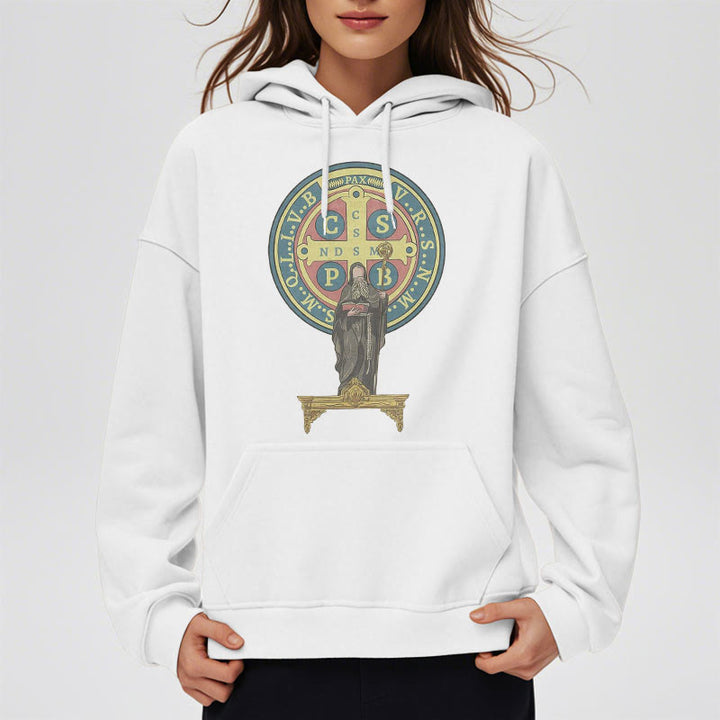 Christianartworkshop Kapuzenpullover aus Polyester im klassischen, farbigen Stil mit St. Benedikt-Medaillenstatue, mit Fleecefutter