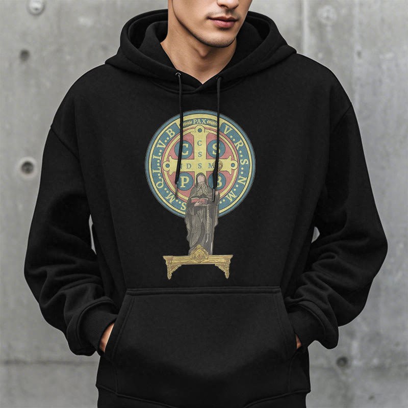 Christianartworkshop Kapuzenpullover aus Polyester im klassischen, farbigen Stil mit St. Benedikt-Medaillenstatue, mit Fleecefutter