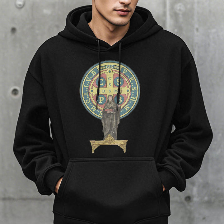 Christianartworkshop Kapuzenpullover aus Polyester im klassischen, farbigen Stil mit St. Benedikt-Medaillenstatue, mit Fleecefutter
