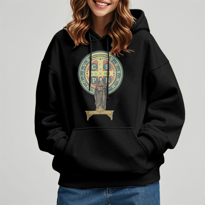 Christianartworkshop Kapuzenpullover aus Polyester im klassischen, farbigen Stil mit St. Benedikt-Medaillenstatue, mit Fleecefutter