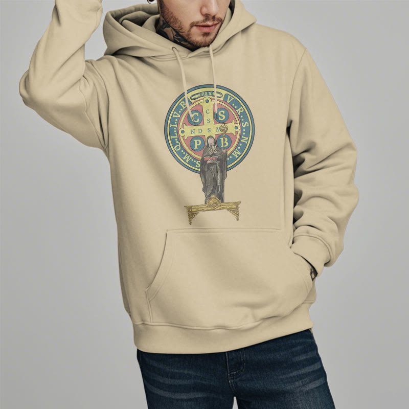 Christianartworkshop Kapuzenpullover aus Polyester im klassischen, farbigen Stil mit St. Benedikt-Medaillenstatue, mit Fleecefutter