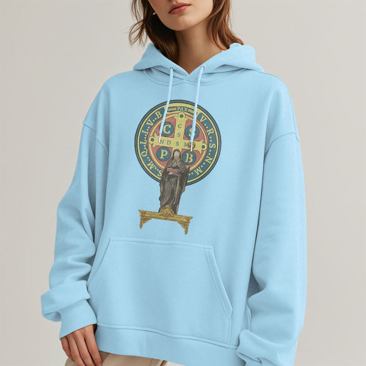 Christianartworkshop Kapuzenpullover aus Polyester im klassischen, farbigen Stil mit St. Benedikt-Medaillenstatue, mit Fleecefutter