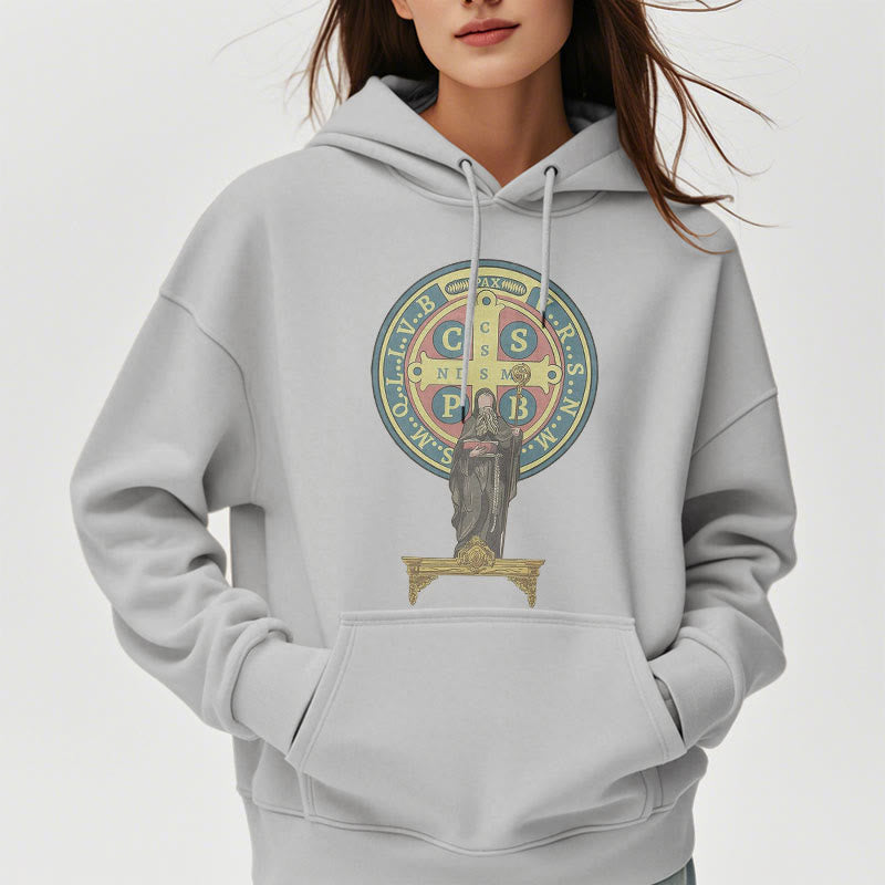 Christianartworkshop Kapuzenpullover aus Polyester im klassischen, farbigen Stil mit St. Benedikt-Medaillenstatue, mit Fleecefutter