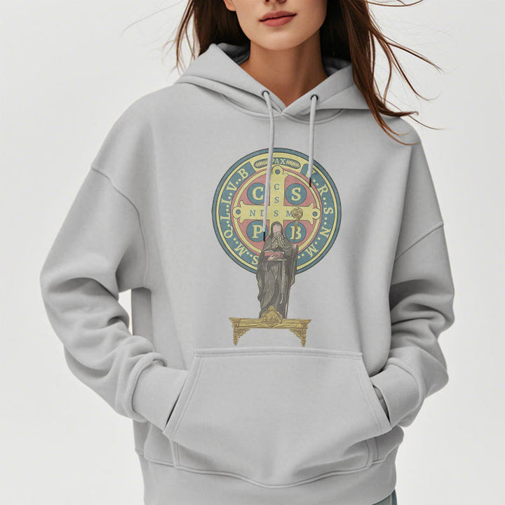 Christianartworkshop Kapuzenpullover aus Polyester im klassischen, farbigen Stil mit St. Benedikt-Medaillenstatue, mit Fleecefutter