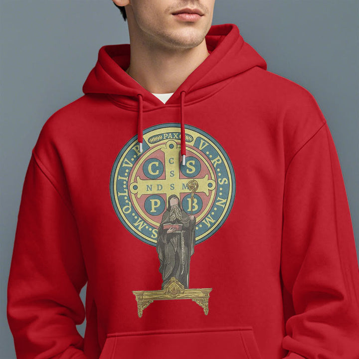 Christianartworkshop Kapuzenpullover aus Polyester im klassischen, farbigen Stil mit St. Benedikt-Medaillenstatue, mit Fleecefutter