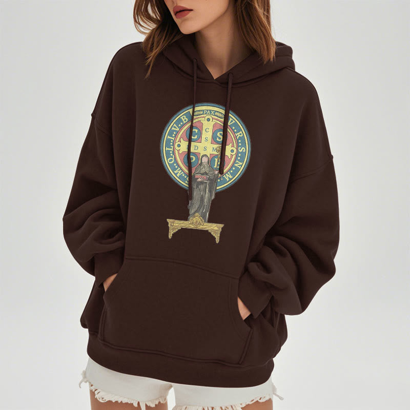 Christianartworkshop Kapuzenpullover aus Polyester im klassischen, farbigen Stil mit St. Benedikt-Medaillenstatue, mit Fleecefutter