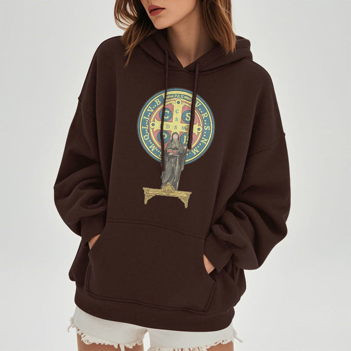 Christianartworkshop Kapuzenpullover aus Polyester im klassischen, farbigen Stil mit St. Benedikt-Medaillenstatue, mit Fleecefutter