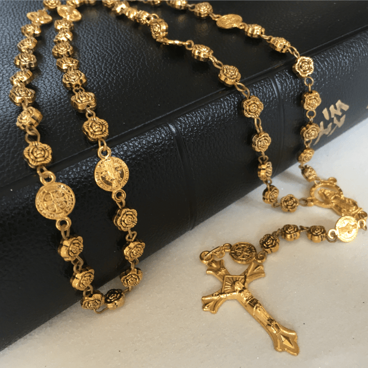 Christianartworkshop Rosenkranz mit Jungfrau Maria und Kruzifix, 6 mm, Roségold, Retro-Kupferlegierung