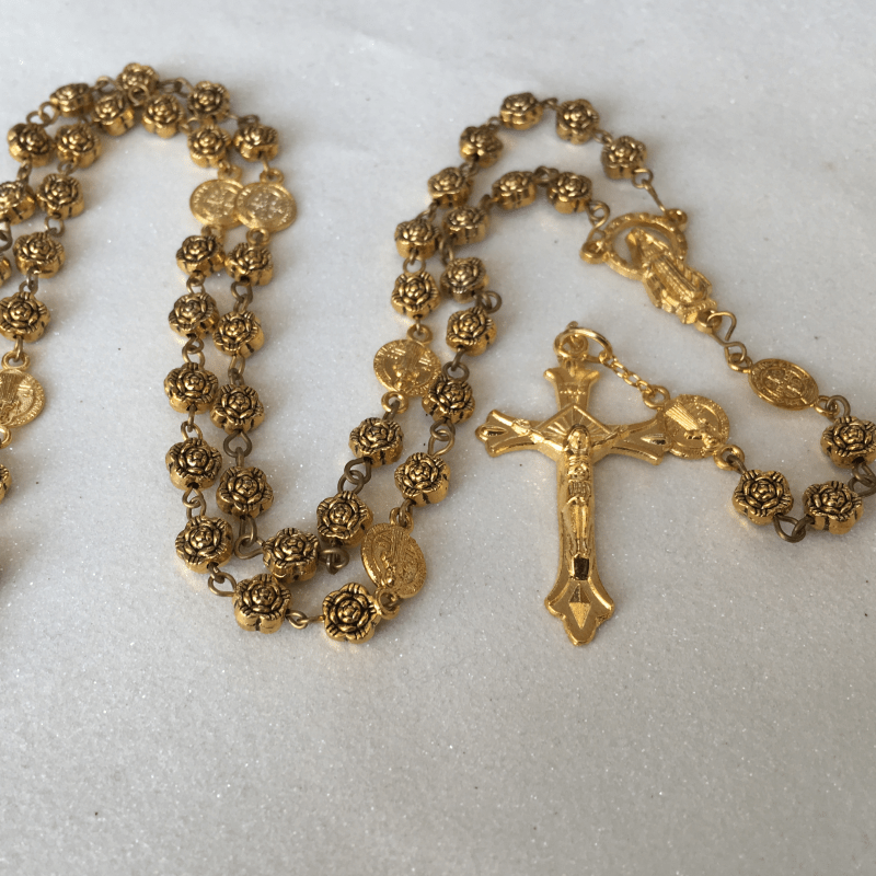 Christianartworkshop Rosenkranz mit Jungfrau Maria und Kruzifix, 6 mm, Roségold, Retro-Kupferlegierung