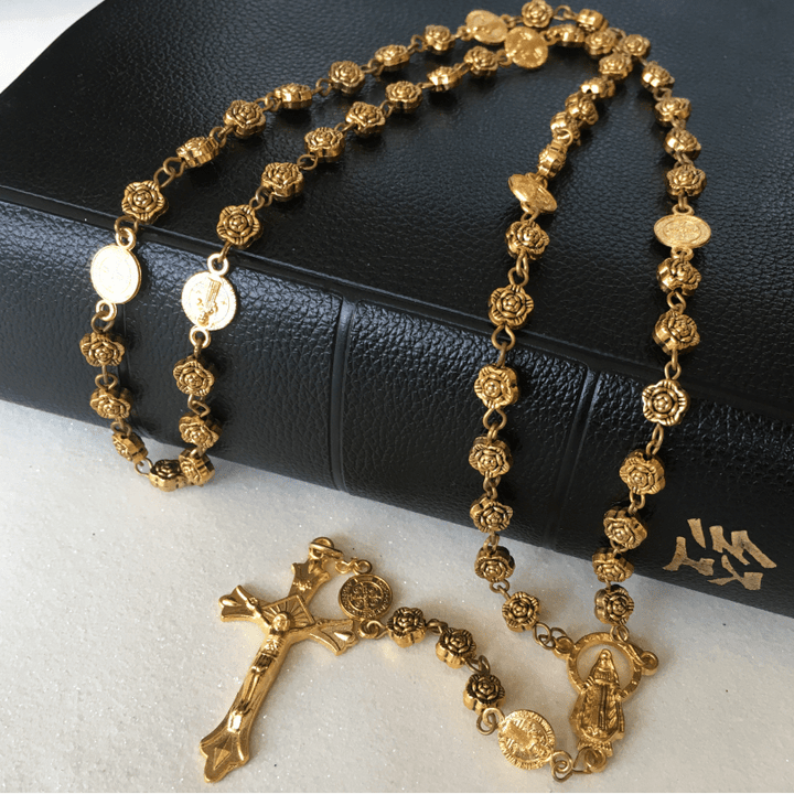 Christianartworkshop Rosenkranz mit Jungfrau Maria und Kruzifix, 6 mm, Roségold, Retro-Kupferlegierung