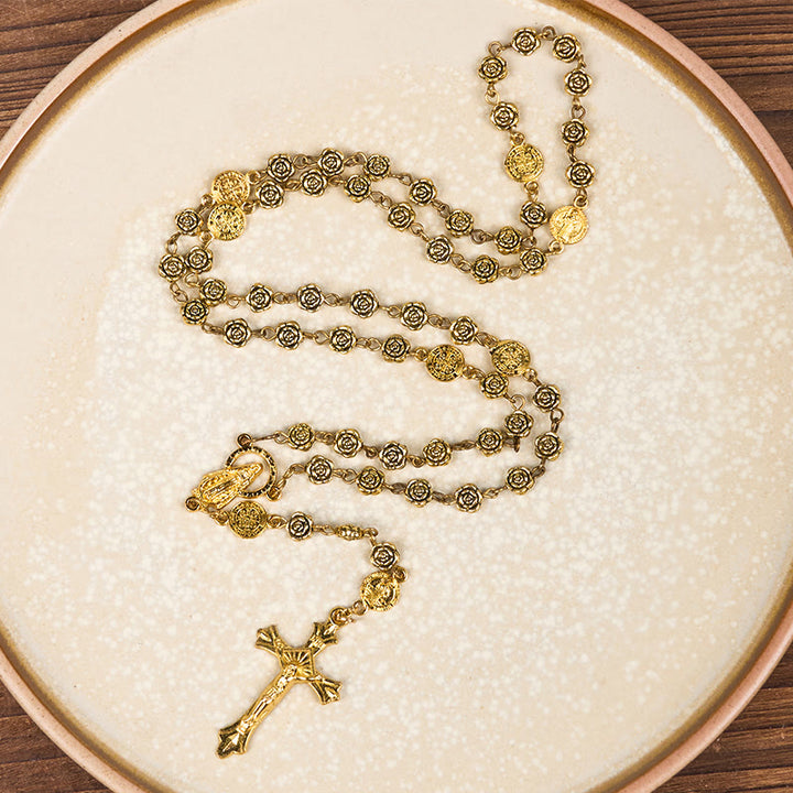 Christianartworkshop Rosenkranz mit Jungfrau Maria und Kruzifix, 6 mm, Roségold, Retro-Kupferlegierung