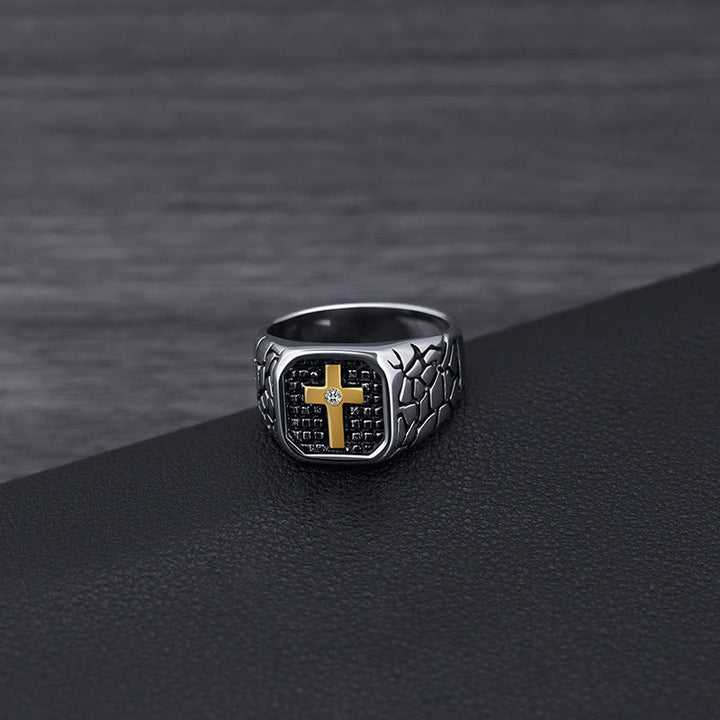 Christianartworkshop Klassischer Stil Ring mit Kreuz im Muster aus gebrochenem Stein, Symbol des Glaubens - image 1