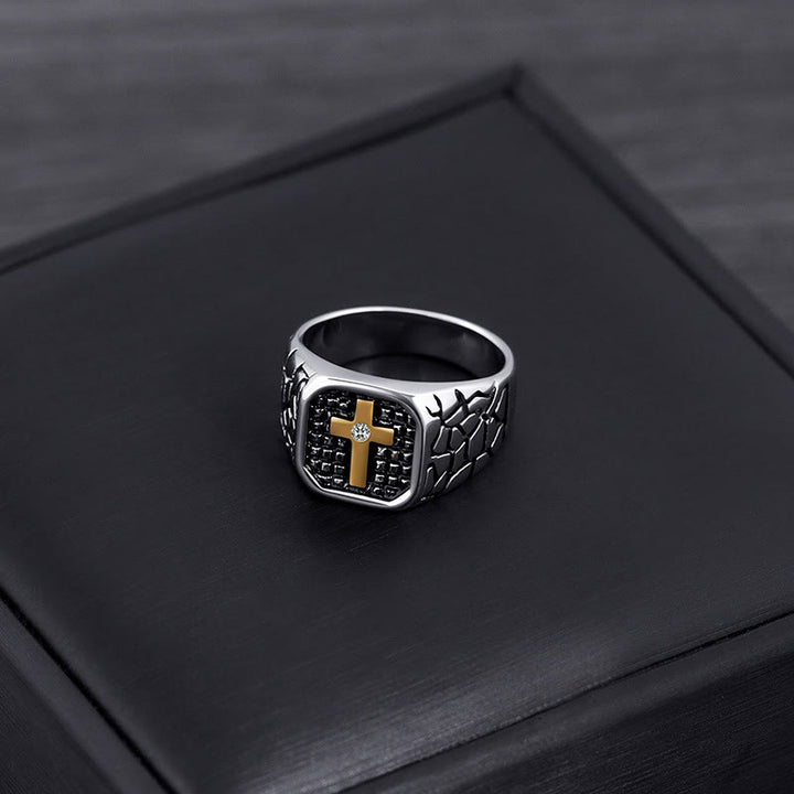 Christianartworkshop Klassischer Stil Ring mit Kreuz im Muster aus gebrochenem Stein, Symbol des Glaubens - image 2