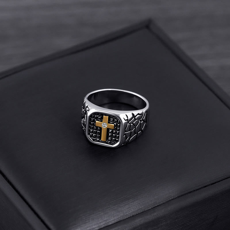 Christianartworkshop Klassischer Stil Gebrochener Stein Muster Kreuz Devine Faith Ring