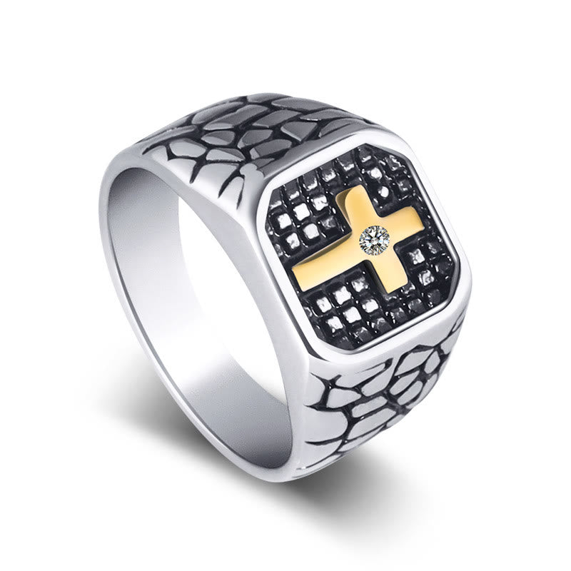 Christianartworkshop Klassischer Stil Ring mit Kreuz im Muster aus gebrochenem Stein, Symbol des Glaubens - US 12 - image 0