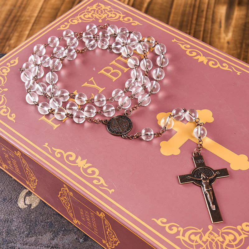 Christianartworkshop St. Benedikt-Medaille und Kruzifix aus 8 mm runder, klarer Glaslegierungskette mit Rosenkranz