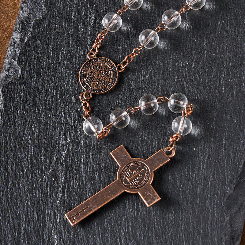 Christianartworkshop St. Benedikt-Medaille und Kruzifix aus 8 mm runder, klarer Glaslegierungskette mit Rosenkranz