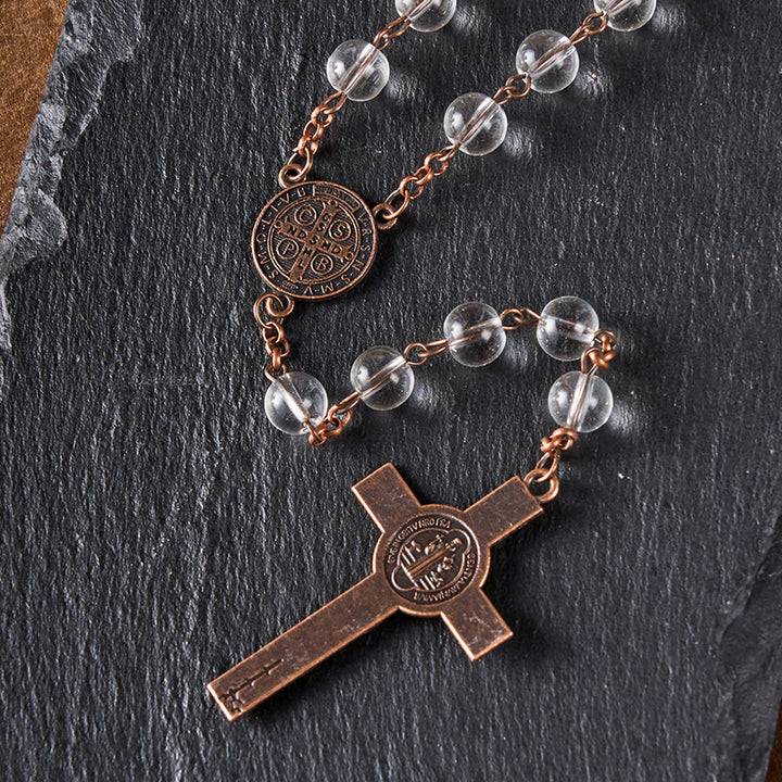 Christianartworkshop St. Benedikt-Medaille und Kruzifix aus 8 mm runder, klarer Glaslegierungskette mit Rosenkranz