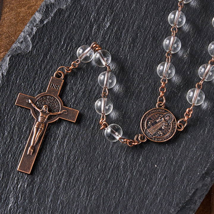 Christianartworkshop St. Benedikt-Medaille und Kruzifix aus 8 mm runder, klarer Glaslegierungskette mit Rosenkranz