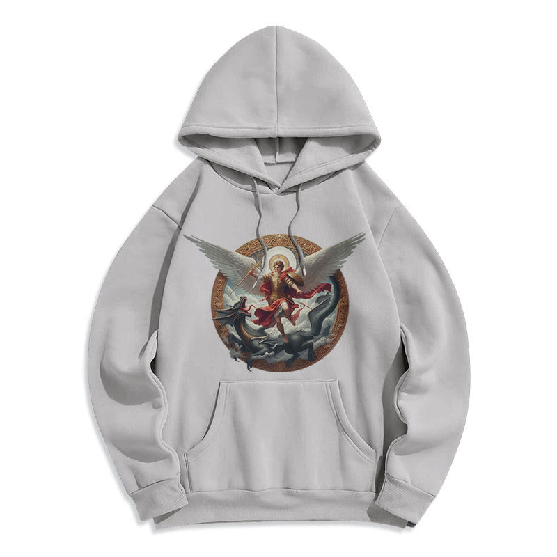 Christianartworkshop Klassischer farbiger Stil Triumph des Erzengels Michael Fleece-gefütterter Polyester-Kapuzenpullover - Grau - 2XL - image 16