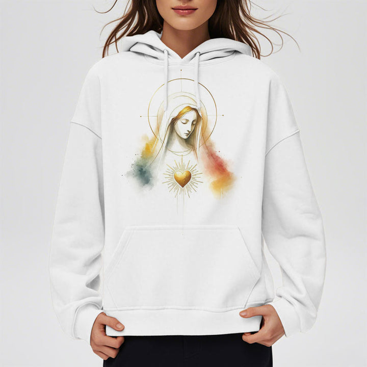 Christianartworkshop Moderner Stil Heiligenschein Heiliges Herz Jungfrau Maria Fleecegefütterter Polyester-Kapuzenpullover