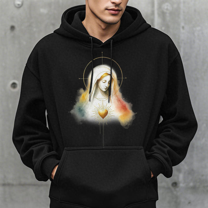 Christianartworkshop Moderner Stil Heiligenschein Heiliges Herz Jungfrau Maria Fleecegefütterter Polyester-Kapuzenpullover
