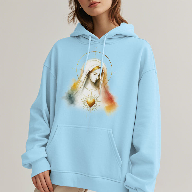 Christianartworkshop Moderner Stil Heiligenschein Heiliges Herz Jungfrau Maria Fleecegefütterter Polyester-Kapuzenpullover