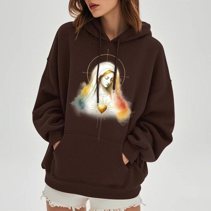 Christianartworkshop Moderner Stil Heiligenschein Heiliges Herz Jungfrau Maria Fleecegefütterter Polyester-Kapuzenpullover