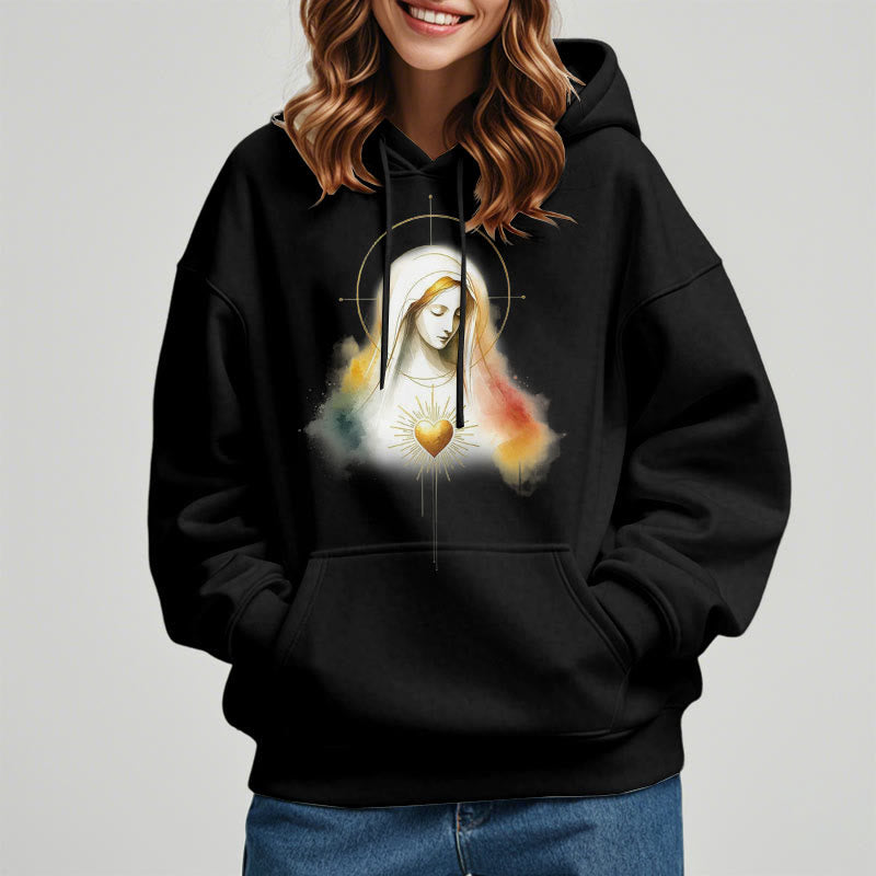 Christianartworkshop Moderner Stil Heiligenschein Heiliges Herz Jungfrau Maria Fleecegefütterter Polyester-Kapuzenpullover