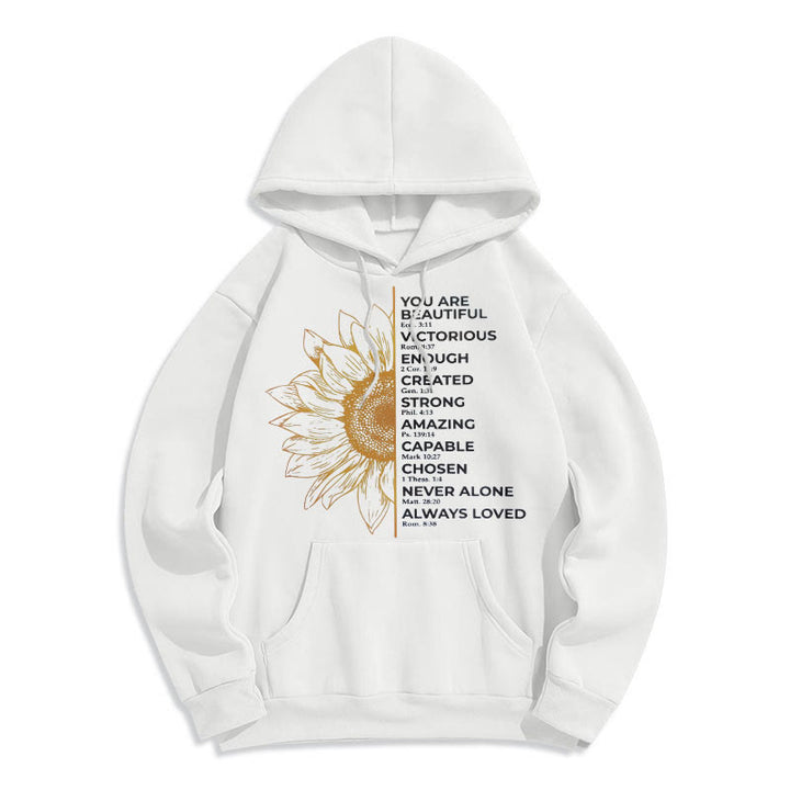 Christianartworkshop Hoodie im Zitat-Stil mit Sonnenblumenmotiv – Stärke und Positivität – Fleecegefütterter Polyester-Hoodie - image 0