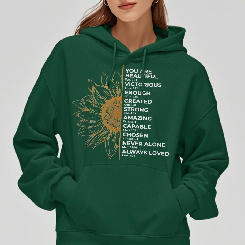 Christianartworkshop Hoodie im Zitat-Stil mit Sonnenblumenmotiv – Stärke und Positivität – Fleecegefütterter Polyester-Hoodie - image 12