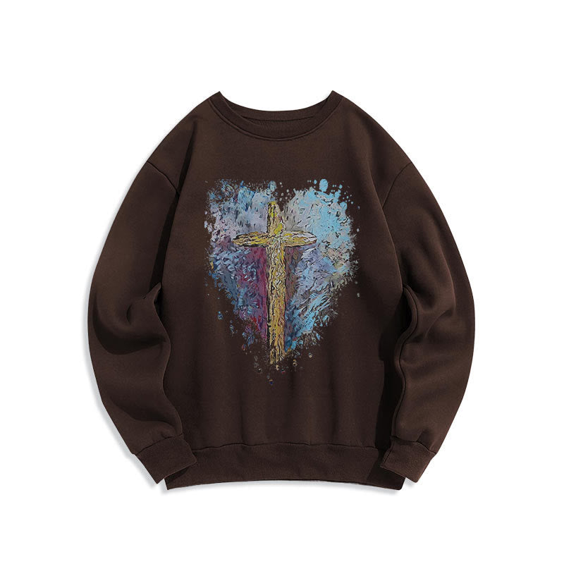 Christianartworkshop Farbiger Stil Strahlendes Kreuz der Hoffnung Fleecegefüttertes Polyester-Sweatshirt - Braun - 2XL - image 0