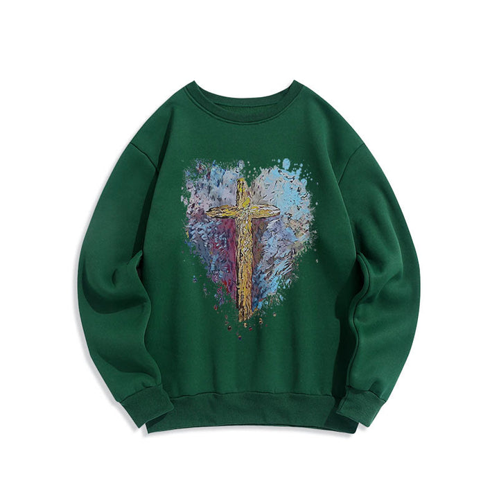 Christianartworkshop Farbiger Stil Strahlendes Kreuz der Hoffnung Fleecegefüttertes Polyester-Sweatshirt - Grün - 2XL - image 12