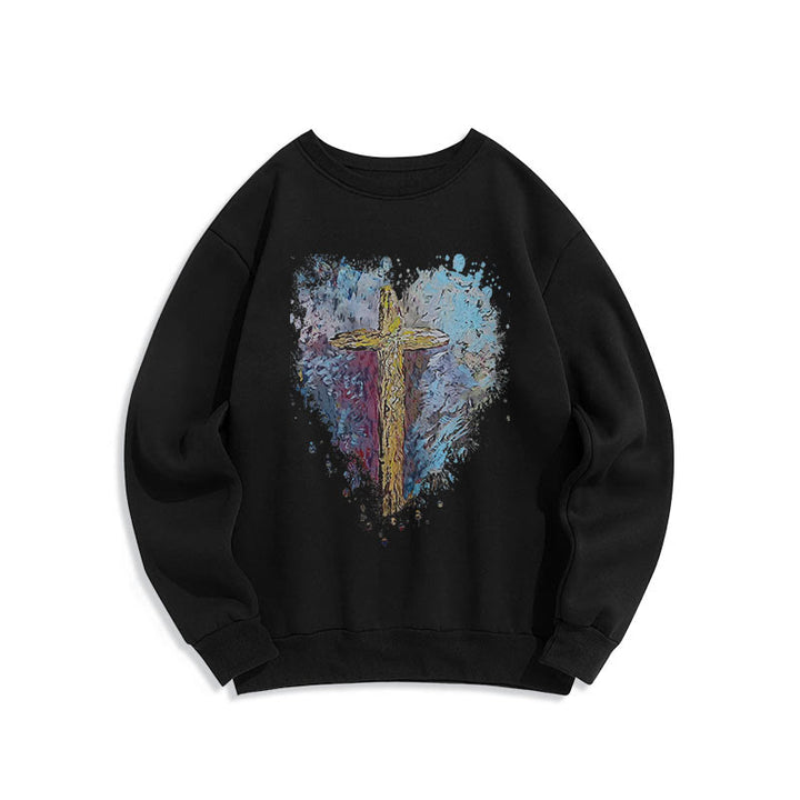 Christianartworkshop Farbiger Stil Strahlendes Kreuz der Hoffnung Fleecegefüttertes Polyester-Sweatshirt - Schwarz - 2XL - image 6