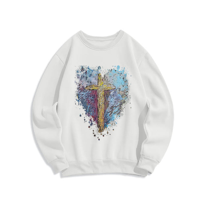 Christianartworkshop Farbiger Stil Strahlendes Kreuz der Hoffnung Fleecegefüttertes Polyester-Sweatshirt - Weiß - 2XL - image 8