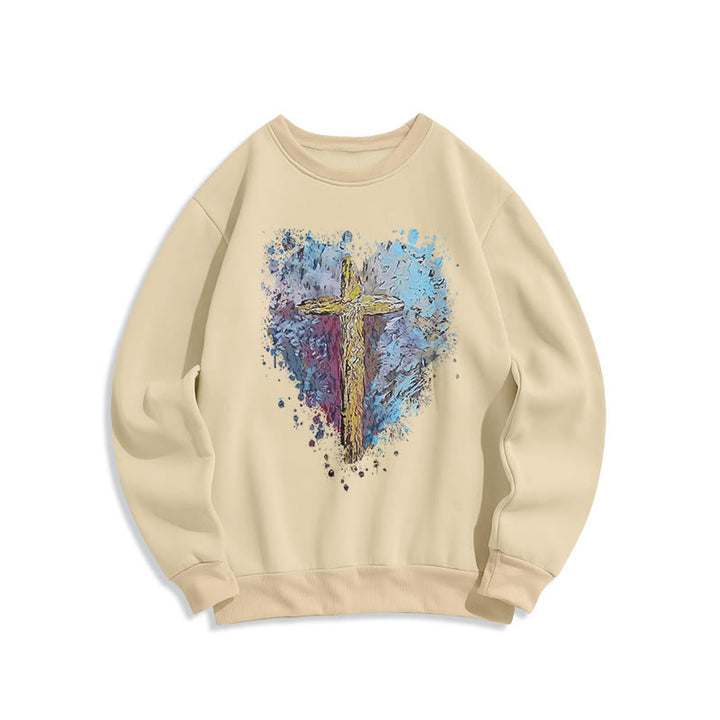 Christianartworkshop Farbiger Stil Strahlendes Kreuz der Hoffnung Fleecegefüttertes Polyester-Sweatshirt - Beige - 2XL - image 10