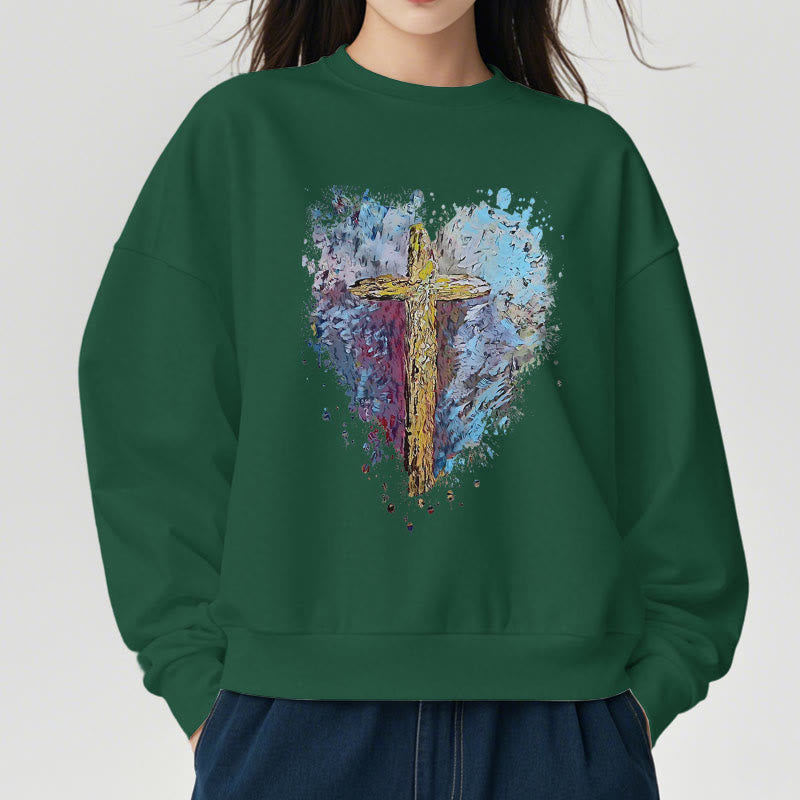 Christianartworkshop Farbiger Stil Strahlendes Kreuz der Hoffnung Fleecegefüttertes Polyester-Sweatshirt