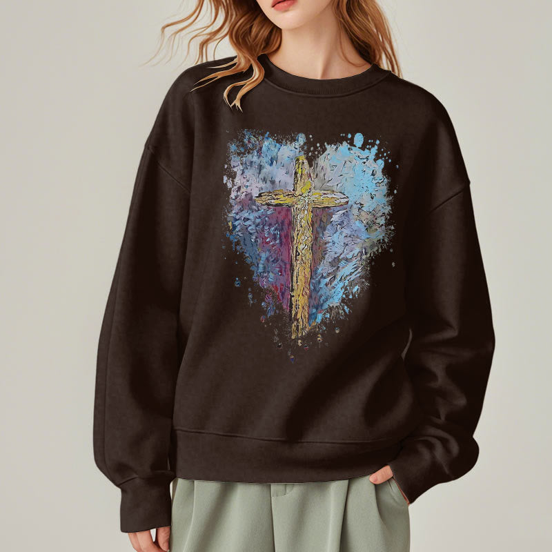 Christianartworkshop Farbiger Stil Strahlendes Kreuz der Hoffnung Fleecegefüttertes Polyester-Sweatshirt