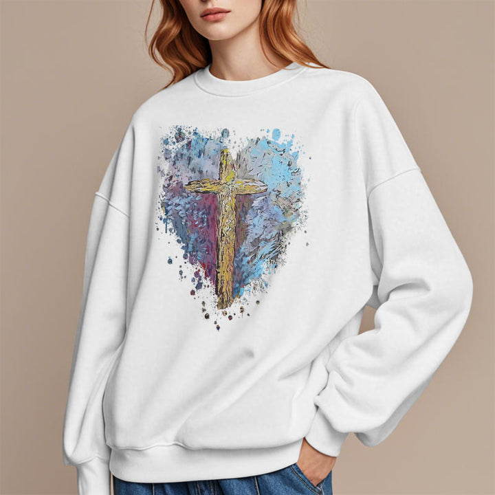 Christianartworkshop Farbiger Stil Strahlendes Kreuz der Hoffnung Fleecegefüttertes Polyester-Sweatshirt
