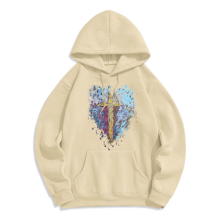 Christianartworkshop Farbiger Stil Strahlendes Kreuz der Hoffnung Fleecegefütterter Polyester-Kapuzenpullover