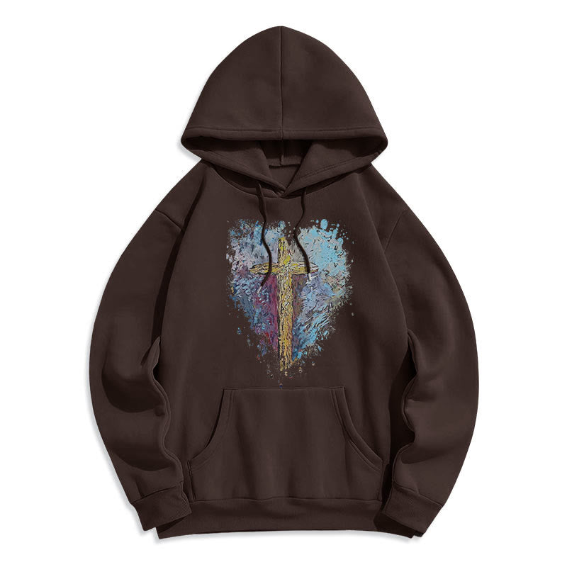 Christianartworkshop Farbiger Stil Strahlendes Kreuz der Hoffnung Fleecegefütterter Polyester-Kapuzenpullover