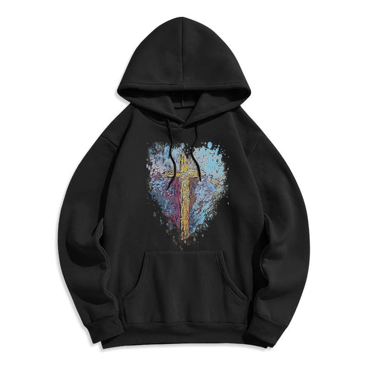 Christianartworkshop Farbiger Stil Strahlendes Kreuz der Hoffnung Fleecegefütterter Polyester-Kapuzenpullover - Schwarz - 2XL - image 6